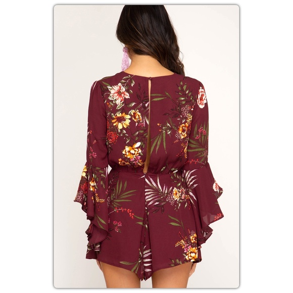 Wine Red Floral Plunging Front Romper - Picture 2 of 2